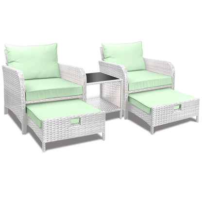 5 Piece Balcony Wicker Rattan Furniture Patio Conversation Set with Lounge Chairs and Footstools.
