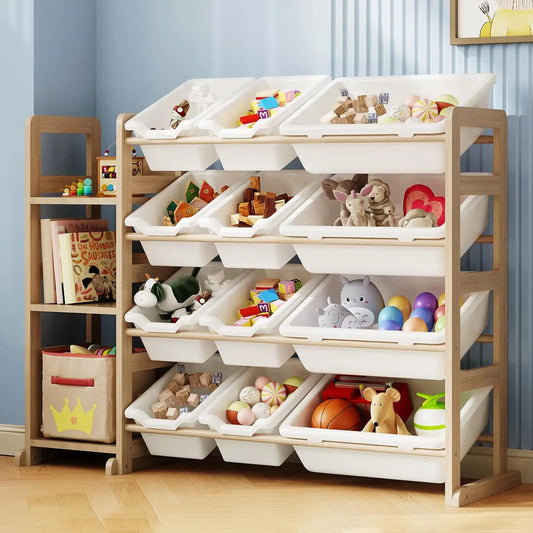 Kids Toy Storage Organizer with 3 Shelves & 12 Bins, White - Safe Pine Wood for Bedroom Playroom