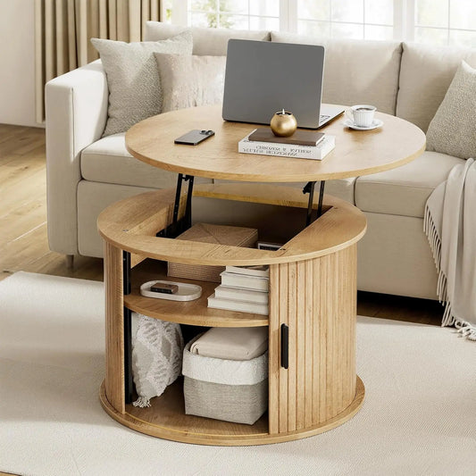 Round Fluted, Lift Top Coffee Table With Hidden Storage and Open Shelves.