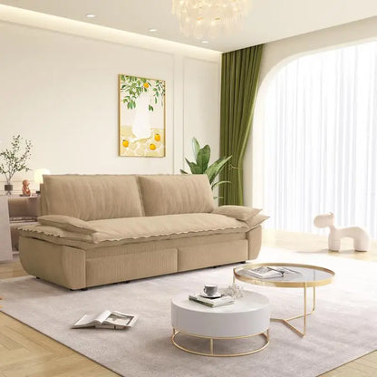 73.2" Queen Sofa Bed, 3-in-1 Convertible Sleeper, Multi-Functional Corduroy Loveseat in Camel Color