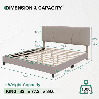 Adjustable Headboard King Bed Frame with Linen Upholstery, Beige