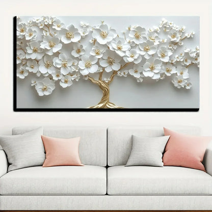 1 Nordic white flower oil painting on canvas. 1.5 inch thick pine solid wood frame