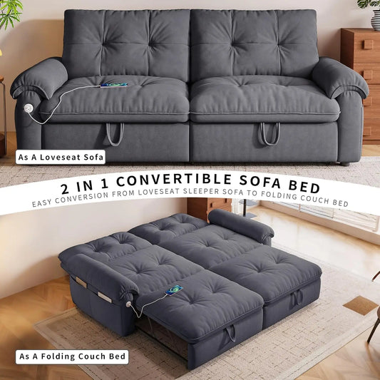 77" Queen Size Loveseat Sleeper Sofa with  Pockets And USB, Modern 2 Seater