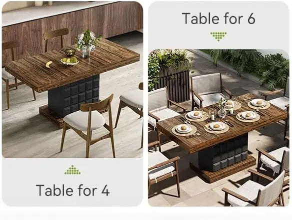 Modern Rectangular Dining Table for 4-6,  Sturdy Wood Pedestal Base in Rustic Brown & Black