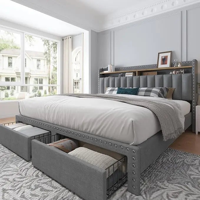 Queen Size Upholstered Bed Frame, with 2 Storage Drawers and 2-Tier Vertical Tufted Headboard