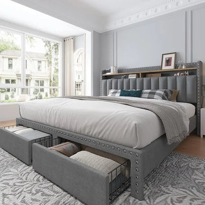 Queen Size Upholstered Bed Frame, with 2 Storage Drawers and 2-Tier Vertical Tufted Headboard