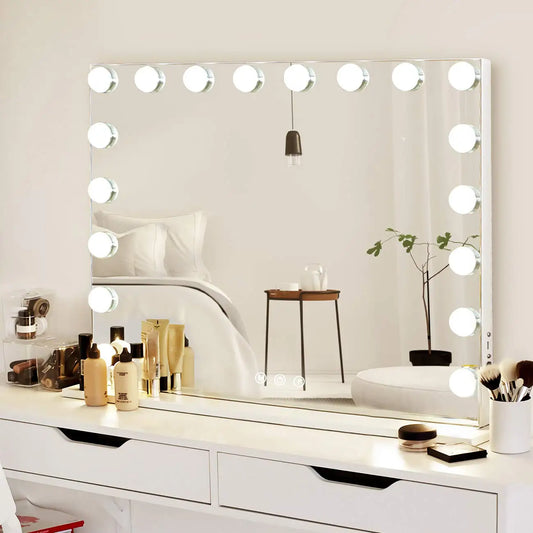 Large Hollywood Makeup Mirror with !8 LED Bulbs with 3 Color Light Modes and  Protective Power Outlet with USB Charging Port