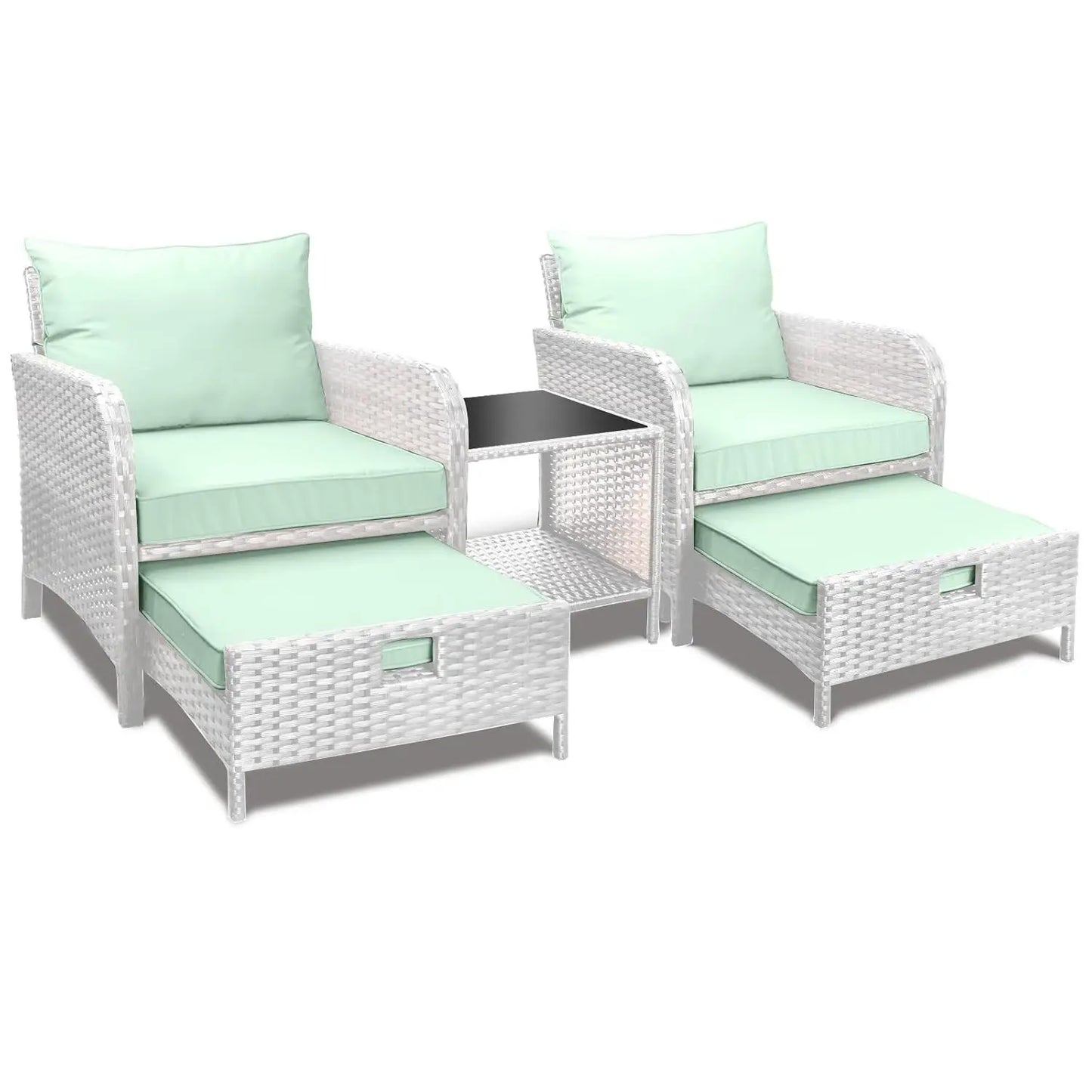 5 Piece Balcony Wicker Rattan Furniture Patio Conversation Set with Lounge Chairs and Footstools.