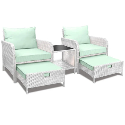 5 Piece Balcony Wicker Rattan Furniture Patio Conversation Set with Lounge Chairs and Footstools.