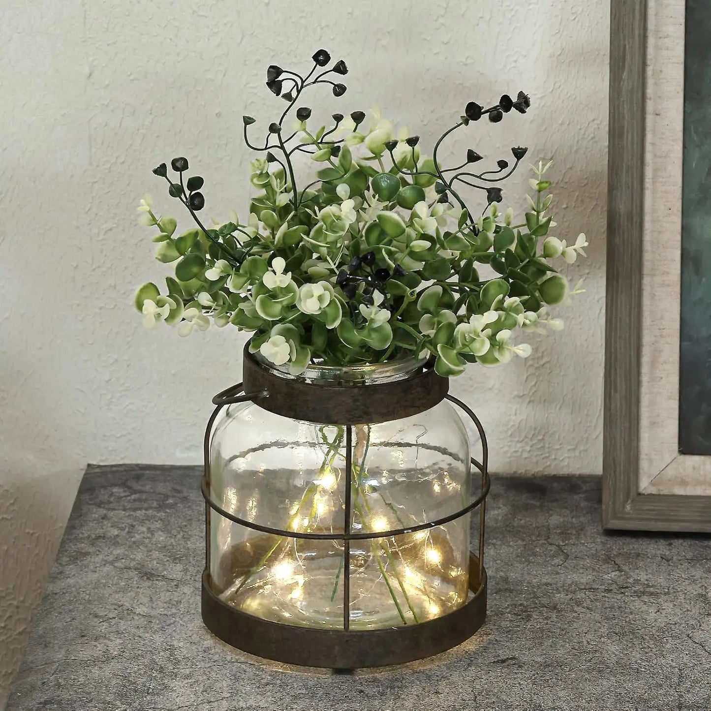 Vintage Glass Lantern Vase with Greenery and Lights