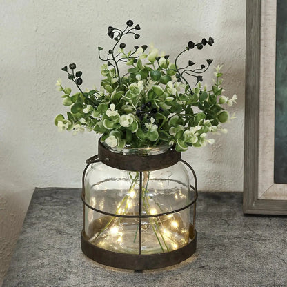Vintage Glass Lantern Vase with Greenery and Lights