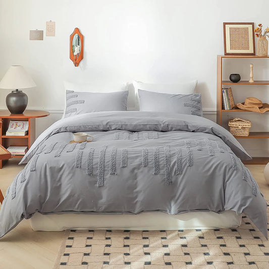 Simple and Opulent.  100% Breathable Cotton Bedding Set.  3Pcs Washed Comforter, Bed Sheet, Pillow Shams.   Boho  Queen King Size