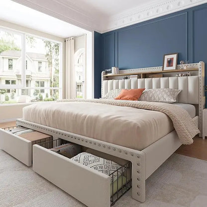 Queen Size Upholstered Bed Frame, with 2 Storage Drawers and 2-Tier Vertical Tufted Headboard