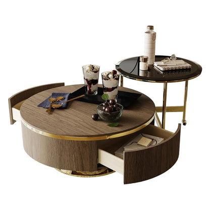 Mid-Century  Walnut and Gold Round Nesting Coffee Table Set of 2,