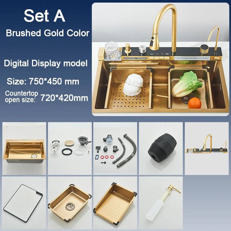 304 Stainless Steel Kitchen Sink with Digital Display Waterfall Faucet