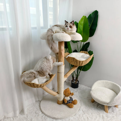 Modern Indoor Cat Activity Tower with Plush Cushion, Scratching Post and Toy Ball.