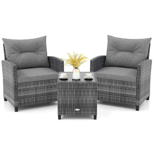 3 Piece  Rattan Patio  Set Washable Cushions & Tempered Glass Tabletop