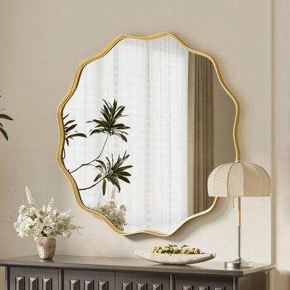 24 " Wavy Edge Gold Tone Scalloped Circular Mirror with Tempered Glass