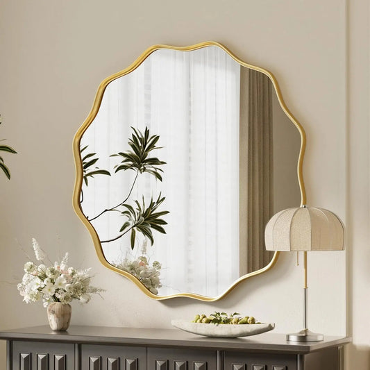 24 " Wavy Edge Gold Tone Scalloped Circular Mirror with Tempered Glass