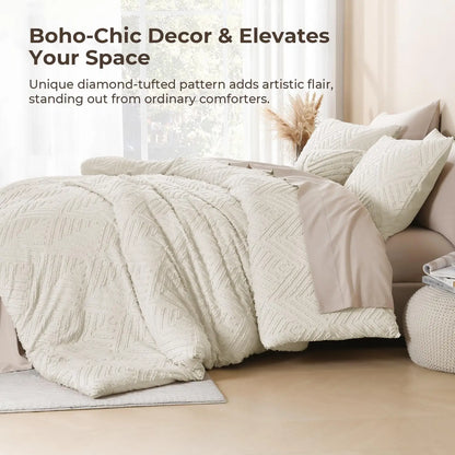 King Size Beige 3-Piece Comforter Set,  Boho Farmhouse Style with Tufted Design, Lightweight for All Seasons