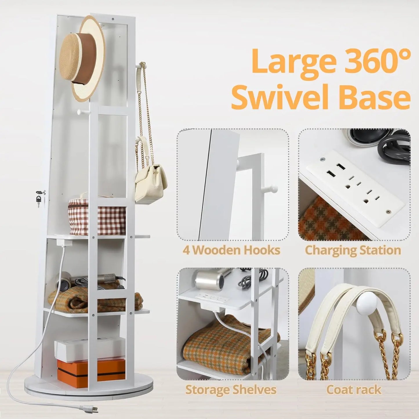 IRONCK 360° Swivel Mirrored Jewelry Cabinet with Full-Length Mirror, Charging Station, Interior Mirror, LED Lights, White