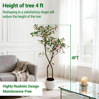 Realistic Pink Blossom Faux Jasmine Tree with UV-Resistant Leaves and  White Planter