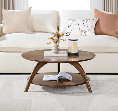 Round Wood Coffee Table with Lower Shelf . Caramel Brown with Walnut Brown Legs