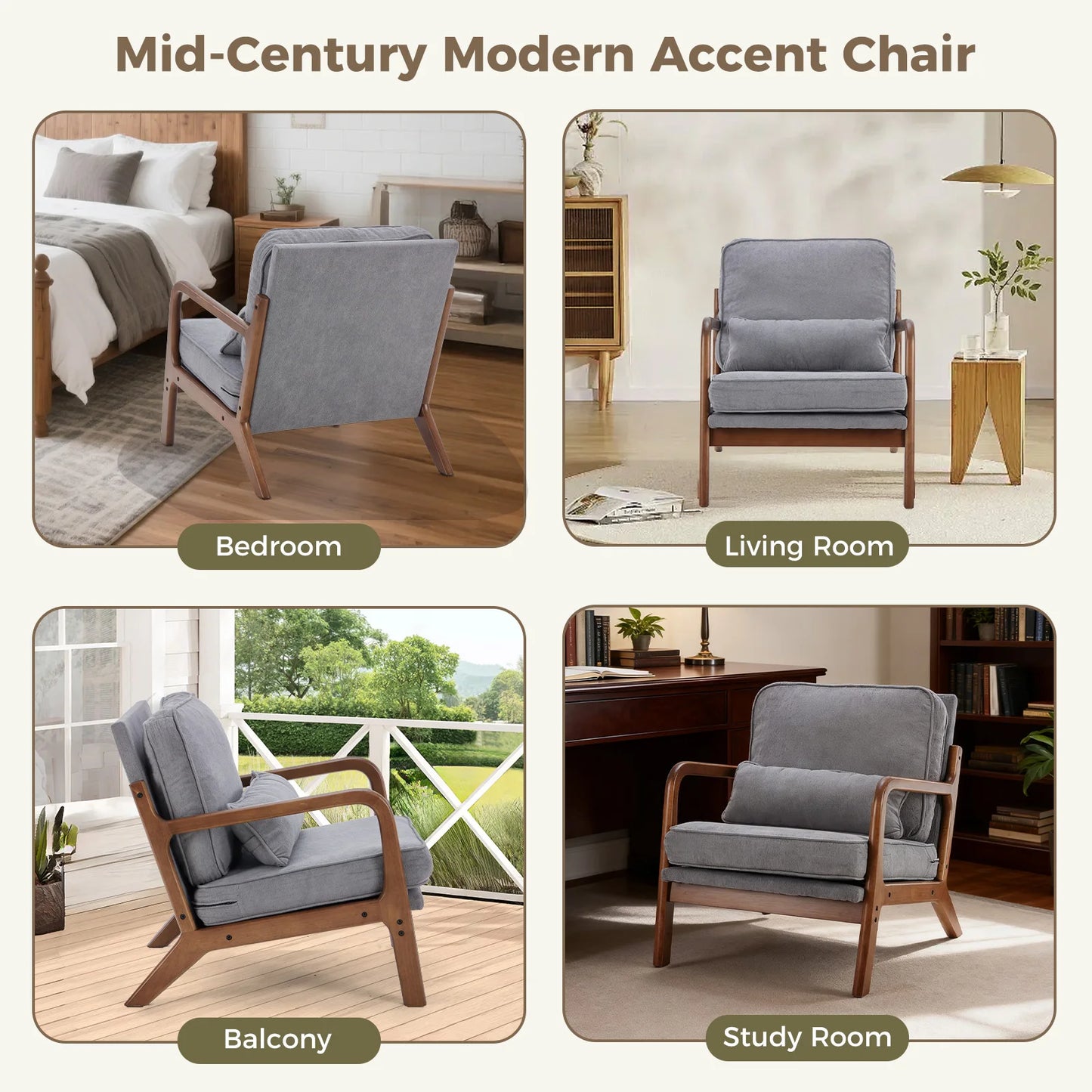 Mid Century Modern Lounge Chair,  Solid Wood Frame,
