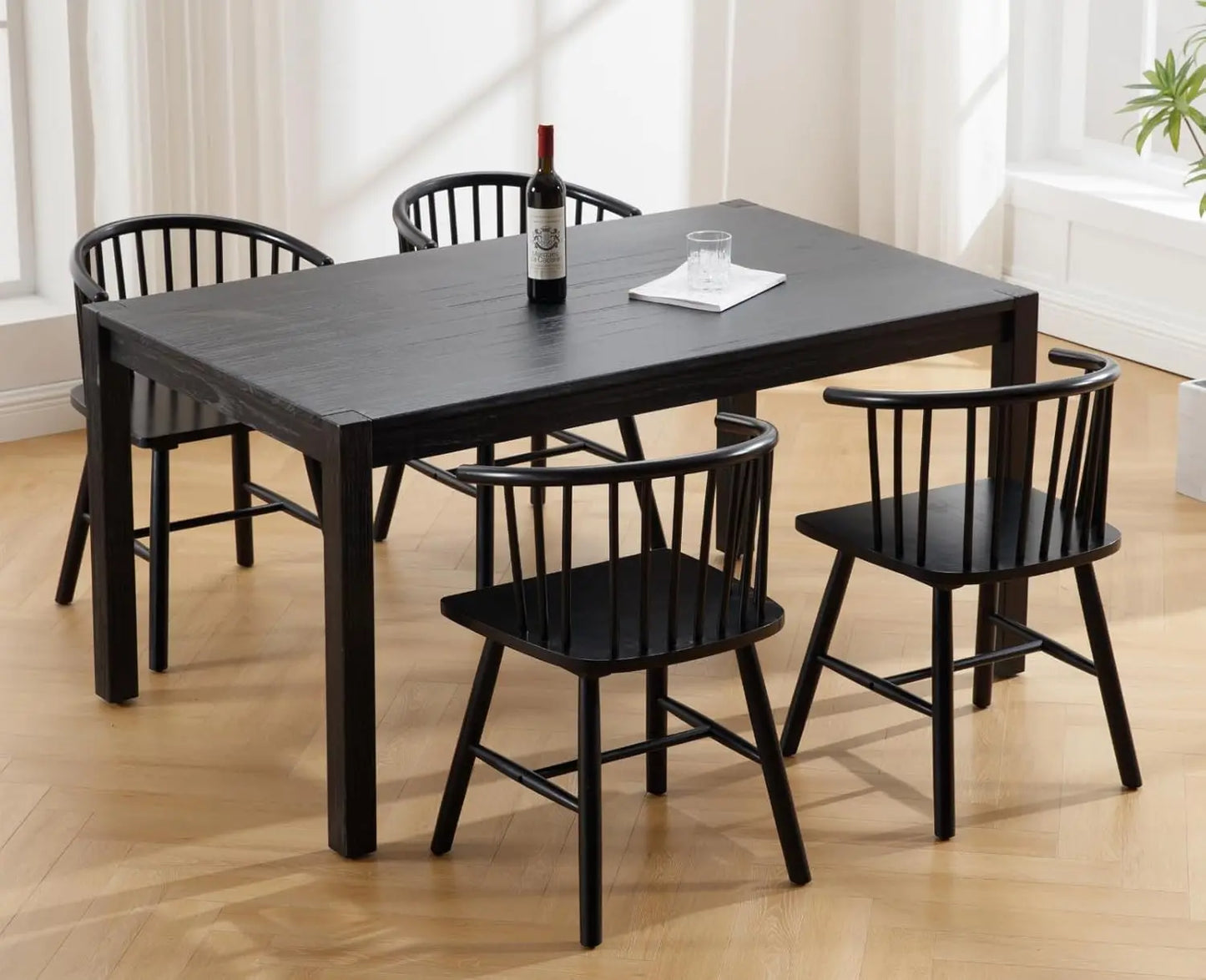Set of 4 Black Wooden Farmhouse Dining Chairs with Wide Curved Spindle Back