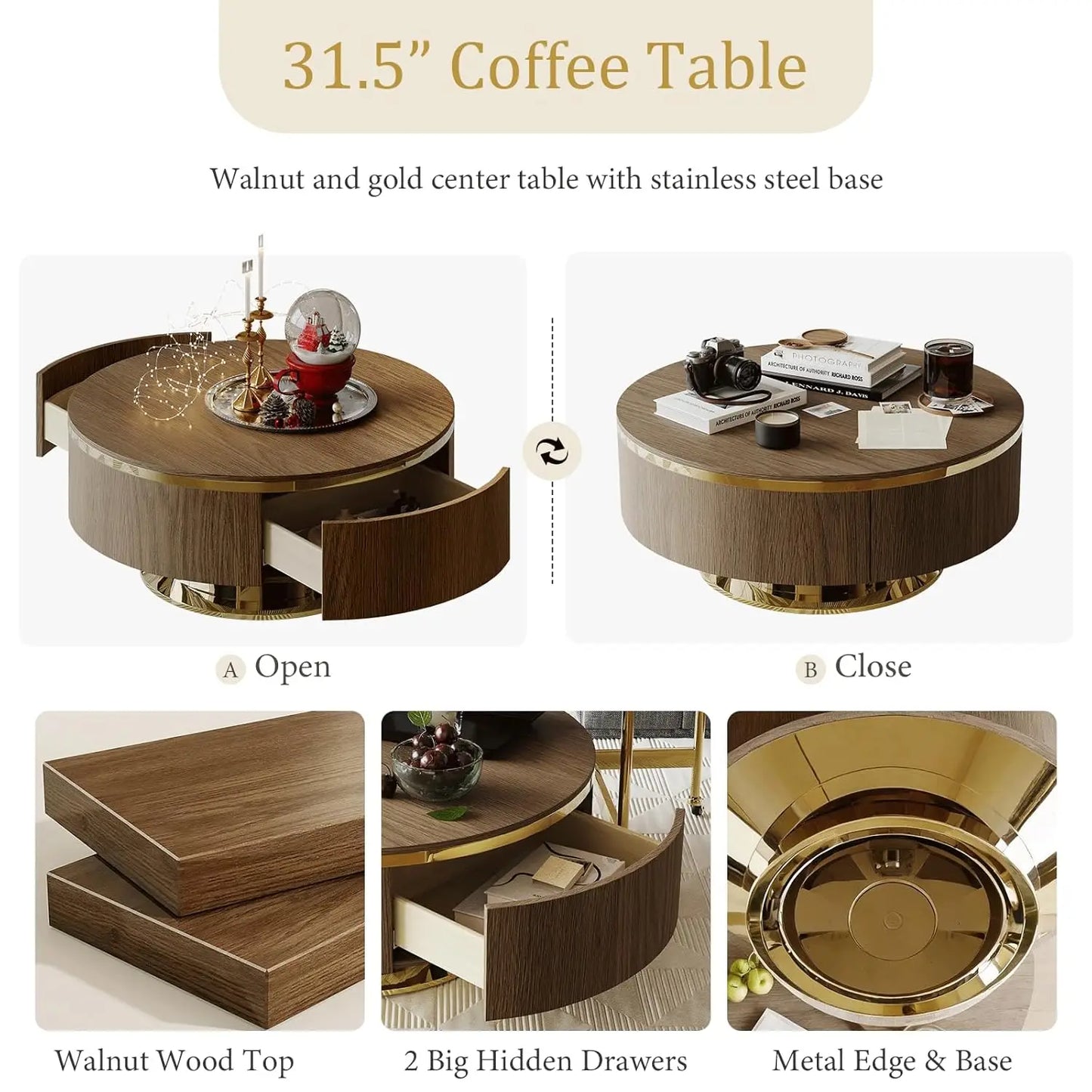 Mid-Century  Walnut and Gold Round Nesting Coffee Table Set of 2,