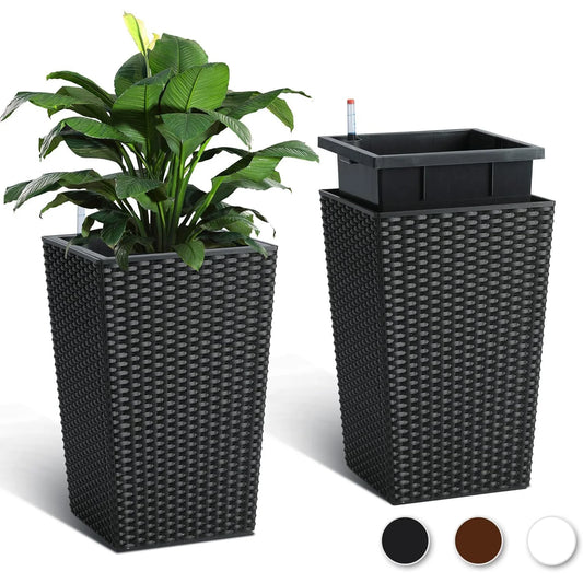 16"  Tall Wicker Design Planter With Water Level Gauge, Set of 2,