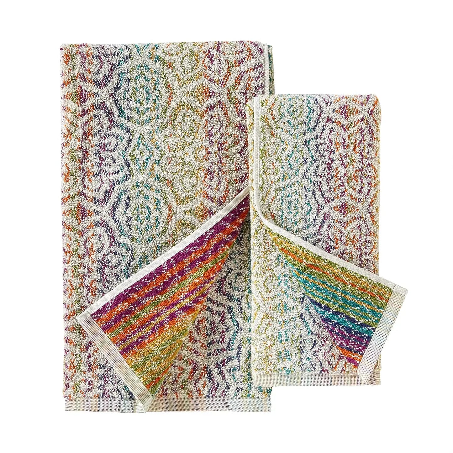 2 Luxury Bath and Hand Towel Set, Soft Multi-Color Cotton