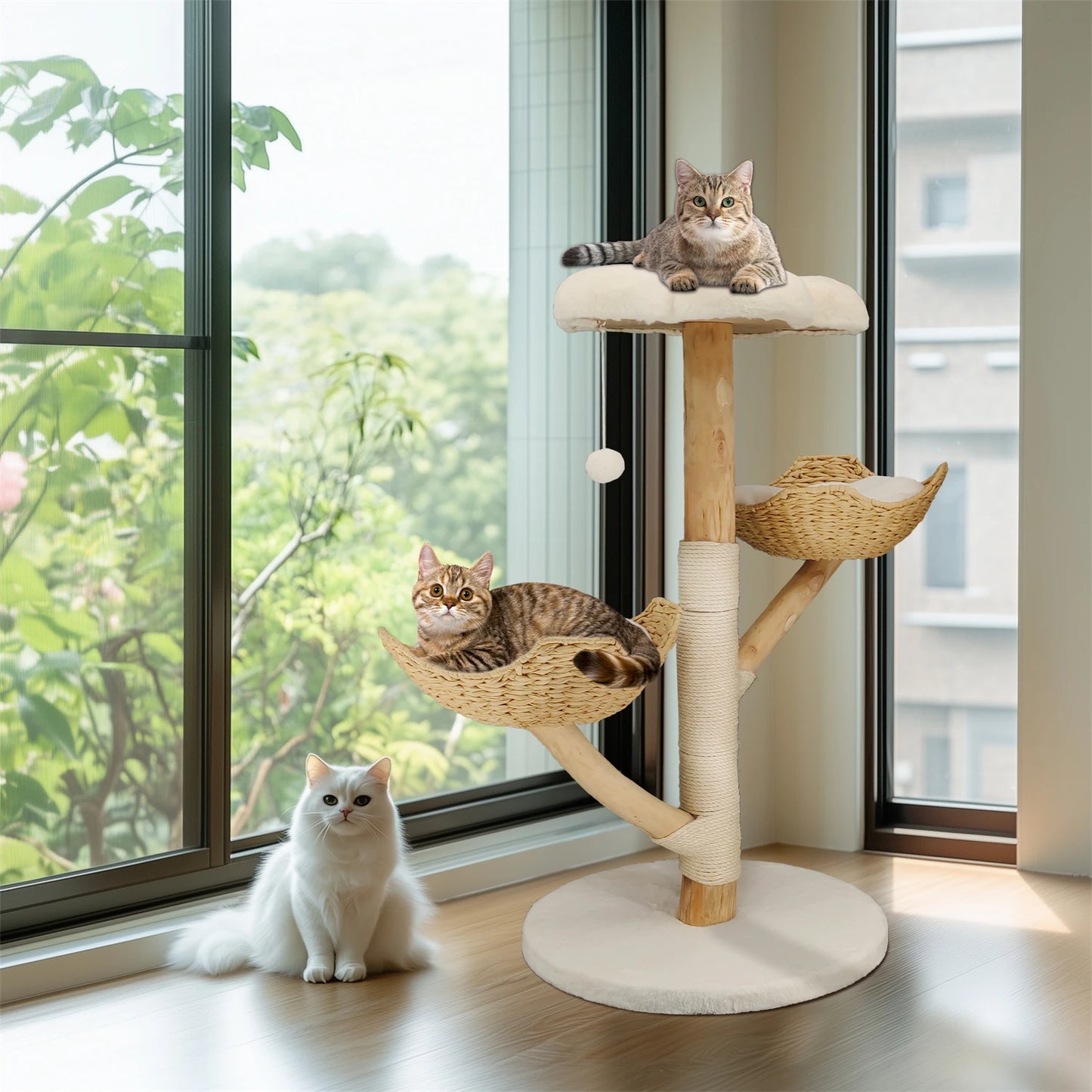 Modern Indoor Cat Activity Tower with Plush Cushion, Scratching Post and Toy Ball.