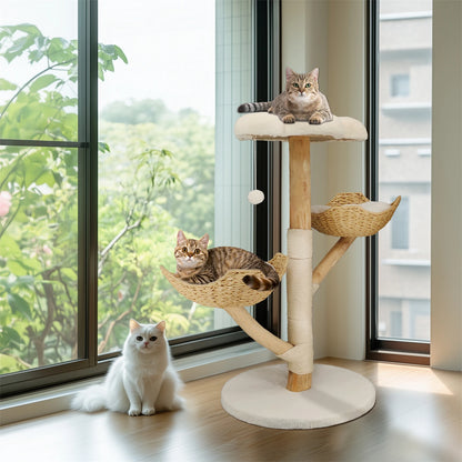 Modern Indoor Cat Activity Tower with Plush Cushion, Scratching Post and Toy Ball.