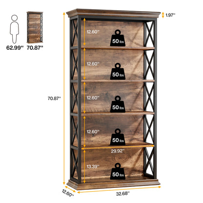 5 Shelf Industrial Display Bookshelf , 71 Inches