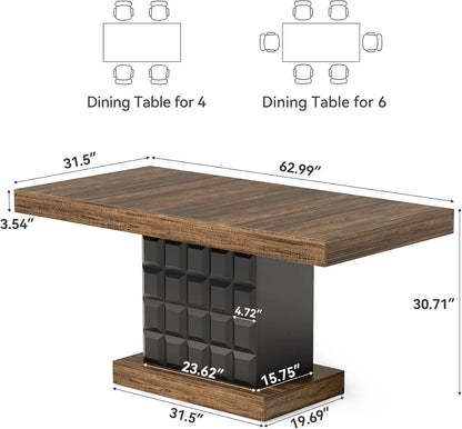 Modern Rectangular Dining Table for 4-6,  Sturdy Wood Pedestal Base in Rustic Brown & Black