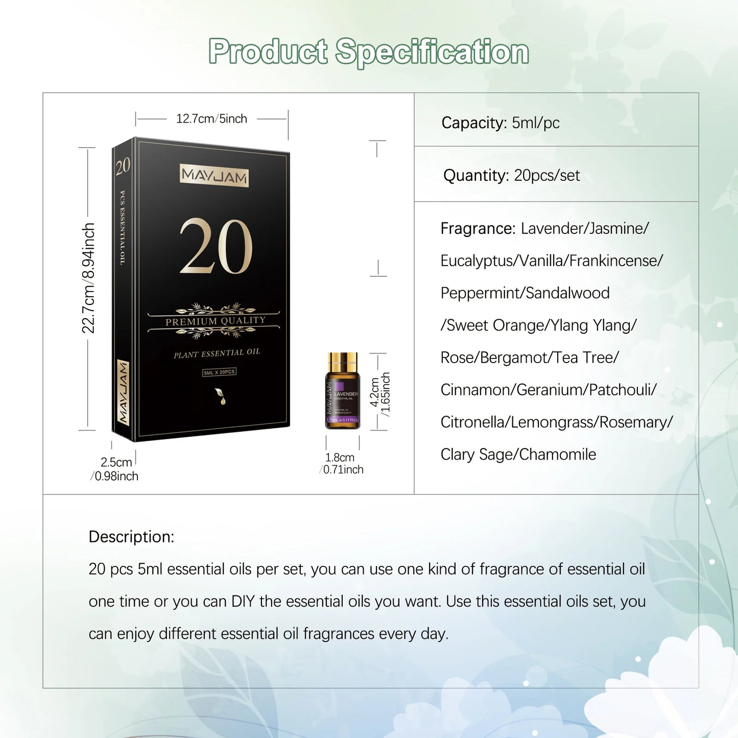 20 Bottles Essential Oils Gift Box Including Lavender Jasmine Eucalyptus Vanilla Patchouli Citronella Sandalwood Rose Orange and Scents