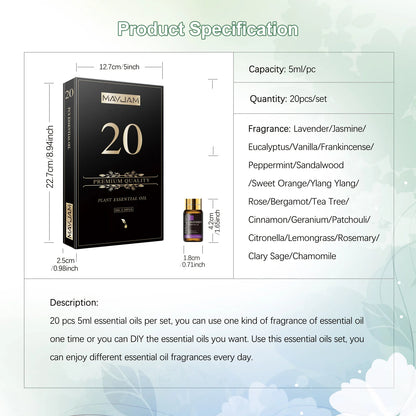 20 Bottles Essential Oils Gift Box Including Lavender Jasmine Eucalyptus Vanilla Patchouli Citronella Sandalwood Rose Orange and Scents