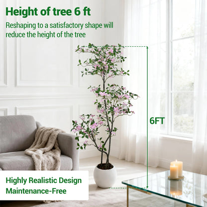 Realistic Pink Blossom Faux Jasmine Tree with UV-Resistant Leaves and  White Planter