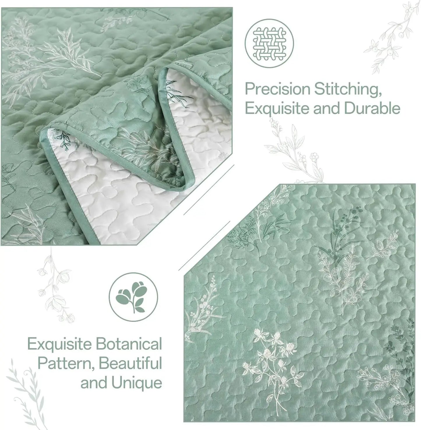 Reversible Sage Green Floral Queen Size Quilt  Set with Pillow Cases