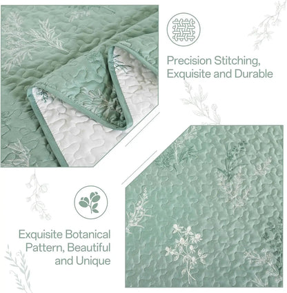 Reversible Sage Green Floral Queen Size Quilt  Set with Pillow Cases
