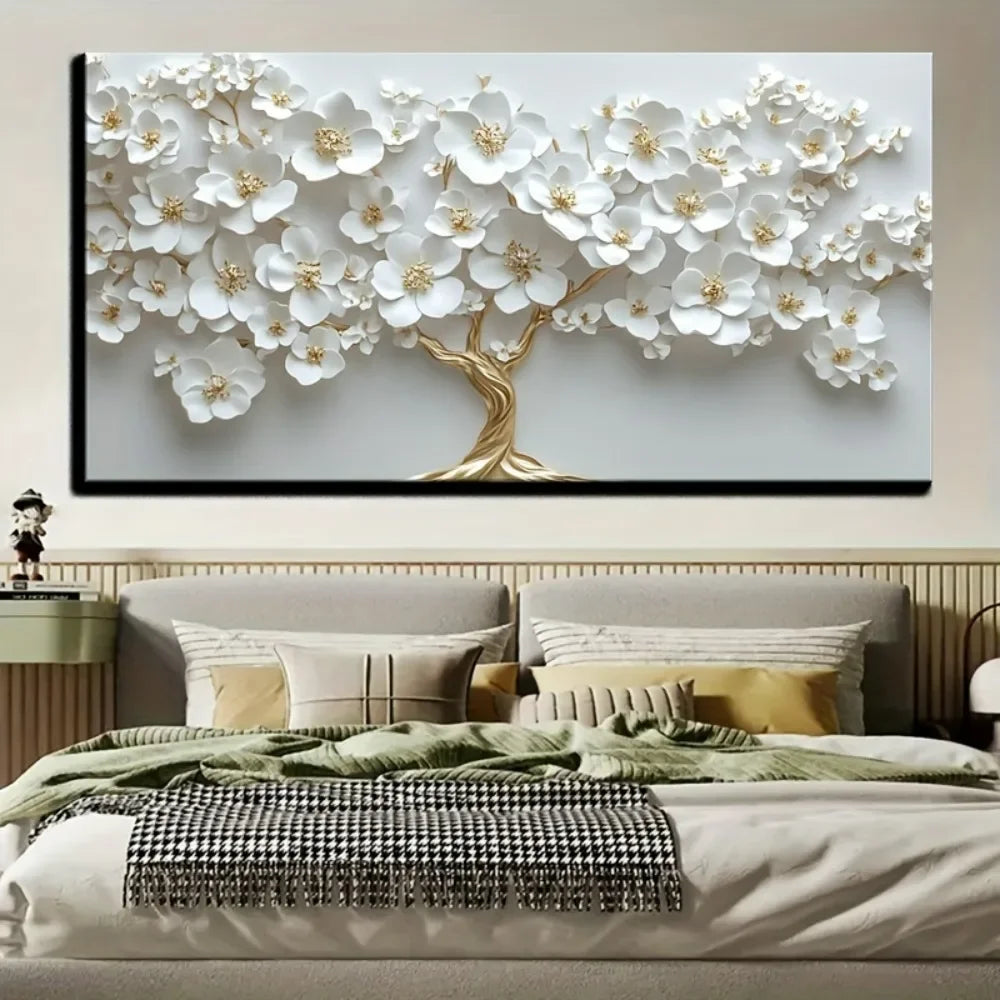 1 Nordic white flower oil painting on canvas. 1.5 inch thick pine solid wood frame