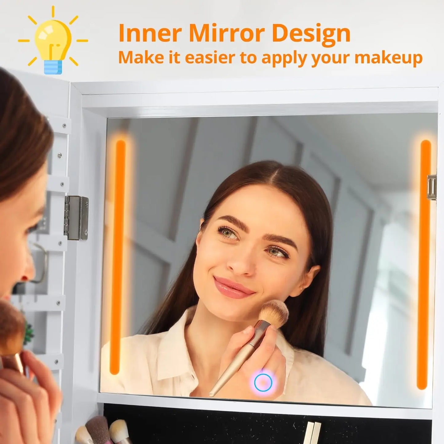 IRONCK 360° Swivel Mirrored Jewelry Cabinet with Full-Length Mirror, Charging Station, Interior Mirror, LED Lights, White