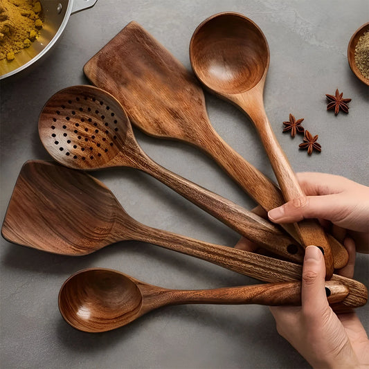 5PCS Wooden Kitchen Utensils Set Includes Wooden Spoons Spurtle Ladle and Wok Spatulas
