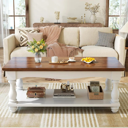 Farmhouse Coffee Table with Storage, Mid Century Coffee Tables for Living Room, 47 inch Modern 2-Tier Rectangle, Customized