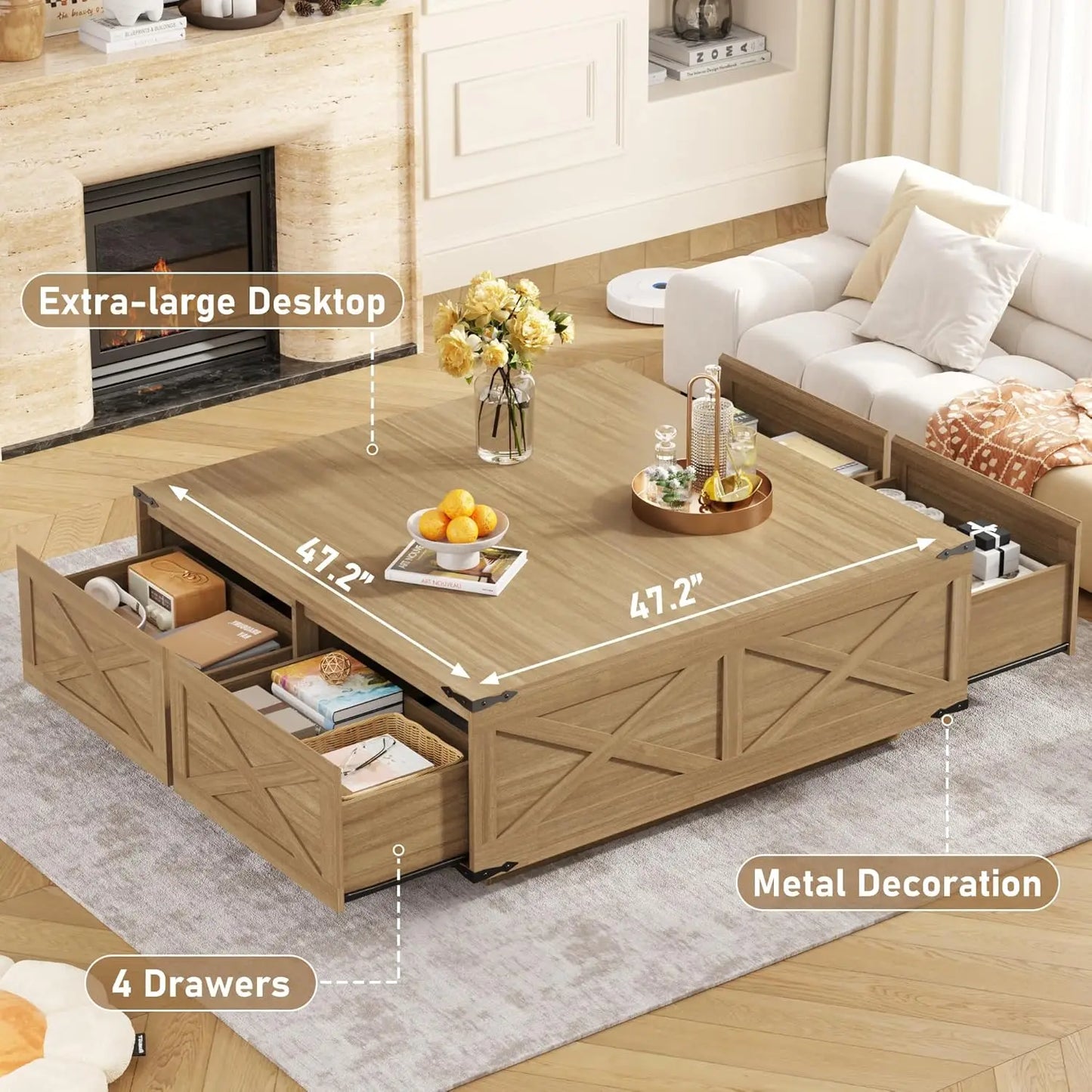 47” Farmhouse Square Coffee Table with 4 Drawers