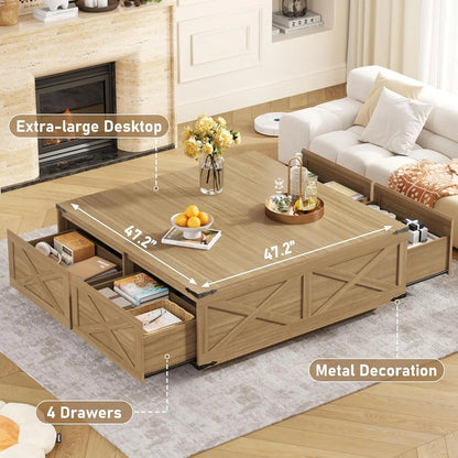 47” Farmhouse Square Coffee Table with 4 Drawers