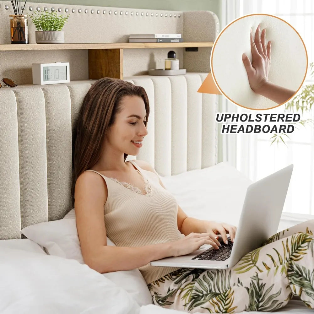 Queen Size Upholstered Bed Frame, with 2 Storage Drawers and 2-Tier Vertical Tufted Headboard