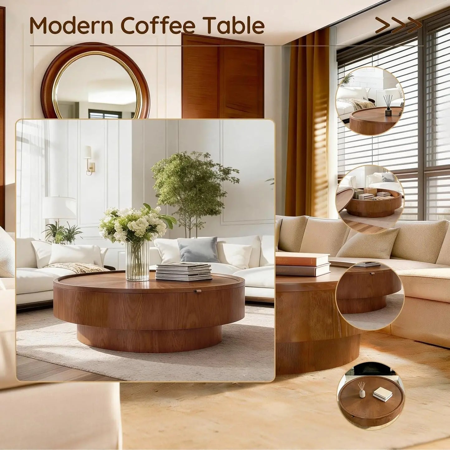 Modern Storage Round Drum Coffee Table with Removable Lid,