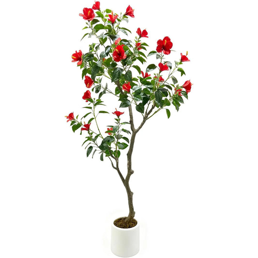 Potted 5 Feet Faux Hibiscuses  Tree with Realistic Leaves & Red Flowers
